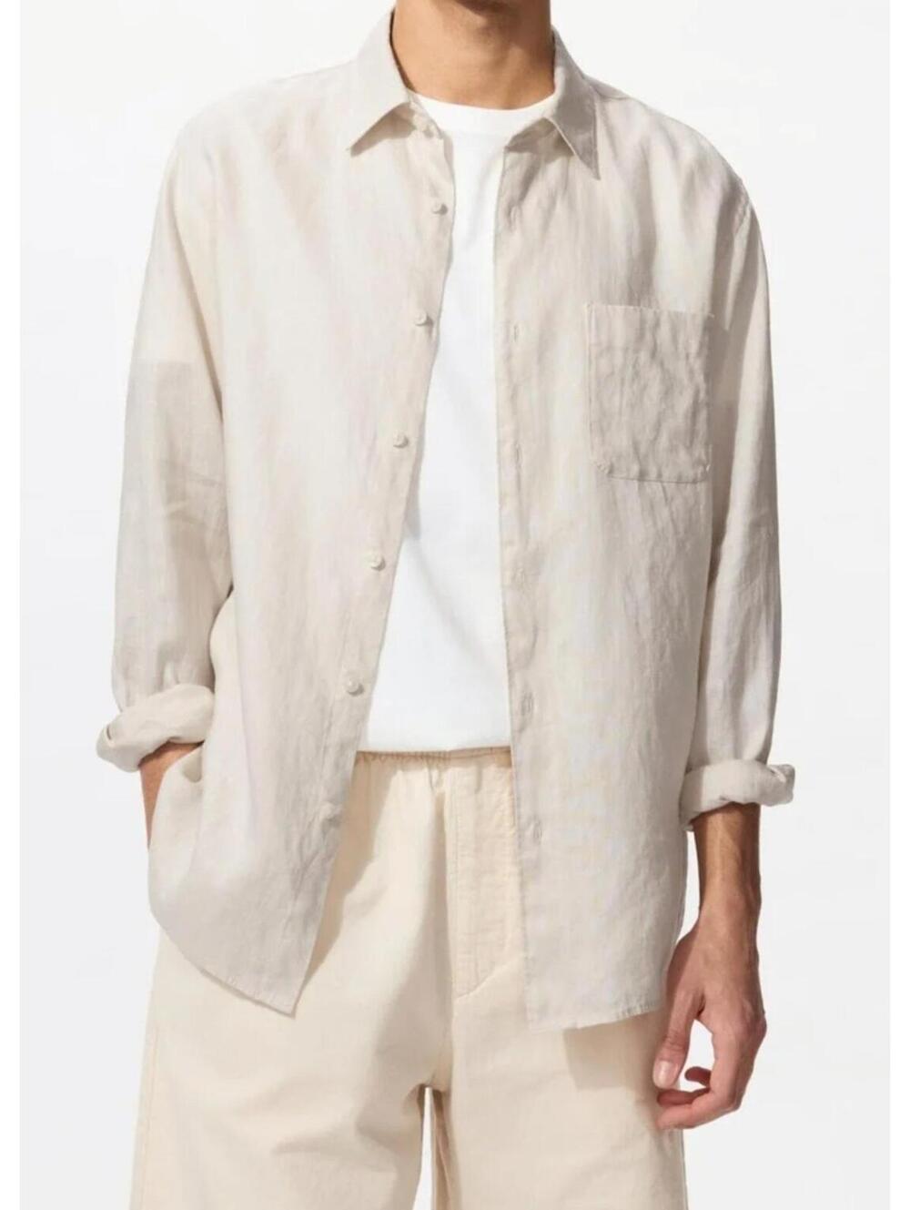 Uniqlo 100% Linen LS Shirt Mens Size Large Beige Button Up Summer Beach Tropical